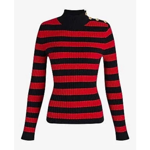 Express Striped Mock Neck Padded Shoulder Novelty Button Sweater. Size S - Picture 2 of 7